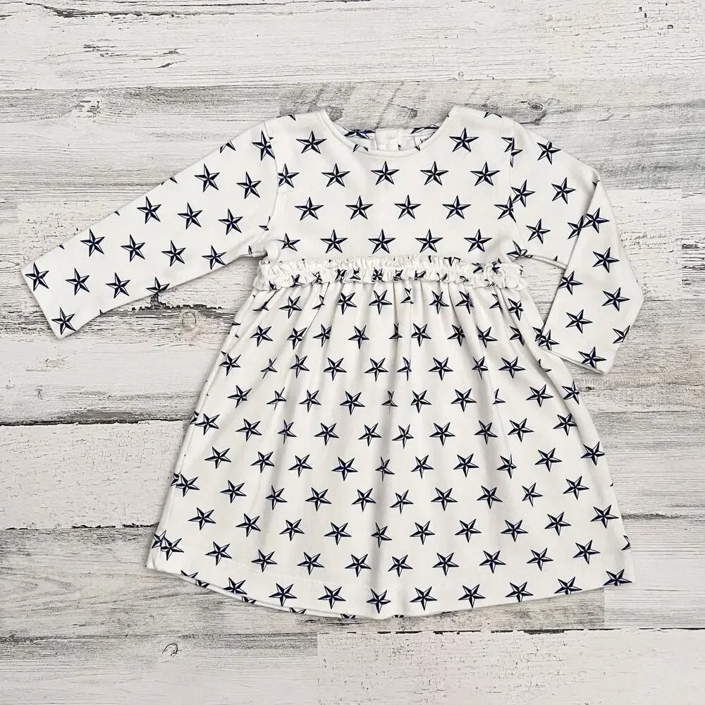 Kate Quinn Girls Dress 18–24M Organic Cotton Blue Star Print Long Sleeve Baby